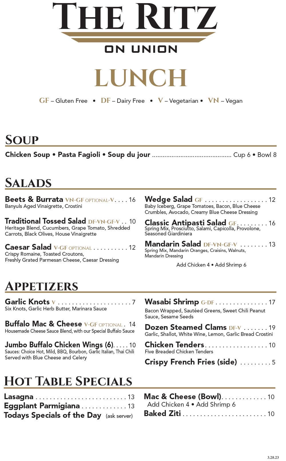 Menu The Ritz on Union